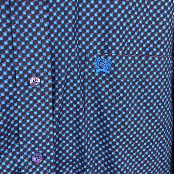 Cinch Button Down Shirt Sz Medium Long Sleeve Blue Red Graphic Pattern - Picture 2 of 5